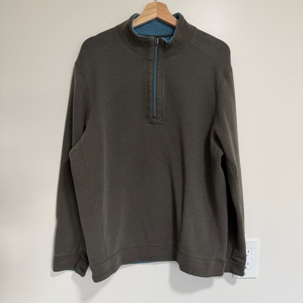 Tommy Bahama Quarter Zip Pullover Mens L Olive Green Waffle Knit Sweater